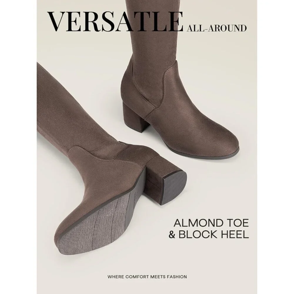 Women's Khaki Suede Over The Knee Thigh High Chunky Heel Long Stretch Boots